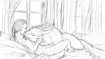  2013 anthro charr cuddling duo eyes_closed feline female guild_wars horn human inside interspecies jackrow lying male male/female mammal monochrome nude on_back on_front romantic romantic_couple sketch video_games window 