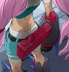  butt_crack clenched_hand from_behind haruyama_kazunori head_out_of_frame heybot! long_hair midriff naguri_(heybot!) pink_hair prehensile_hair solo standing 