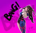  ahoge animal_print arched_back ass bangs blue_bodysuit bodysuit breasts brown_eyes brown_hair bunny_print character_name cowboy_shot d.va_(overwatch) english facepaint facial_mark finger_gun foreshortening from_behind gloves gradient gradient_background headphones high_collar highres long_hair looking_at_viewer looking_back medium_breasts nakwang outline overwatch pilot_suit pink_background pointing pointing_at_viewer purple_background ribbed_bodysuit shoulder_pads skin_tight smile solo swept_bangs twisted_torso whisker_markings white_gloves 