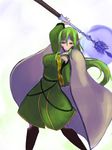  boots breasts cloak coat dungeon_ni_deai_wo_motomeru_no_wa_machigatteiru_darou_ka elf green_eyes green_hair long_hair pointy_ears riveria_ljos_alf smile staff weapon 