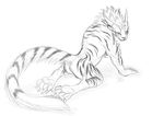  2013 butt charr claws fangs feline female flat_chested fur guild_wars horn jackrow kneeling looking_at_viewer looking_back mammal monochrome nude paws presenting presenting_hindquarters pussy sketch solo striped_fur stripes toe_claws video_games 