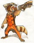  2017 anthro briskby claws clothed clothing ear_tuft fangs guardians_of_the_galaxy gun holding_object holding_weapon laser_gun mammal marvel neck_tuft open_mouth raccoon ranged_weapon rocket_raccoon signature simple_background solo standing tongue traditional_media_(artwork) tuft weapon white_background 