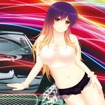  blonde_hair blush bracelet breasts car cleavage cpu_(hexivision) eyebrows_visible_through_hair ground_vehicle hijiri_byakuren jewelry large_breasts looking_at_viewer motor_vehicle multicolored_hair navel necklace purple_hair smile solo touhou two-tone_hair yellow_eyes 