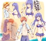  1girl beach bikini bikini_lift blue_eyes blue_hair blush breasts cleavage collarbone couple fire_emblem fire_emblem:_fuuin_no_tsurugi fire_emblem_heroes hat hetero lilina long_hair looking_at_viewer medium_breasts navel open_mouth red_hair roy_(fire_emblem) short_hair smile swimsuit translated wspread 