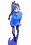  ahoge black_eyes blue_shirt closed_mouth commentary_request from_above full_body kawai_makoto long_ponytail long_sleeves looking_at_viewer looking_up pantyhose ponytail shadow shirt signature simple_background smile standing white_background 