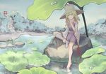  absurdres bangs barefoot blonde_hair blue_eyes brown_hat dated day forest hair_ribbon hand_on_ankle hat highres leg_up lily_pad long_sleeves looking_at_viewer moriya_suwako morning nature on_rock outdoors pointing pointing_up purple_skirt purple_vest reflection ribbon ribbon-trimmed_legwear ribbon-trimmed_sleeves ribbon_trim ripples shirt short_hair single_thighhigh sitting skirt skirt_set smile solo stairs thighhighs torii touhou tree turtleneck vest water_drop white_legwear white_shirt wide_sleeves yashi_kano_ko 