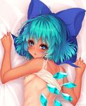  ahoge bed_sheet blue_eyes blue_hair blush breasts camisole cirno eyebrows_visible_through_hair highres ice ice_wings looking_at_viewer looking_back lying nipples on_stomach one-piece_tan parted_lips ringed_eyes rukitsura sheet_grab shirt_lift short_hair small_breasts solo strap_slip sweat tan tanline tanned_cirno tears touhou upper_body wings 