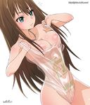  7-eleven blue_eyes breasts brown_hair cameltoe covered_navel dutch_angle ginko_(silver_fox) idolmaster idolmaster_cinderella_girls jewelry medium_breasts necklace plastic_bag_swimsuit pussy see-through shibuya_rin solo 