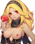  apple bare_shoulders black_scarf blonde_hair breasts breasts_outside dark_skin food fruit gravity_daze hairband highres holding holding_food holding_fruit kitten_(gravity_daze) long_hair looking_away medium_breasts nipples no_bra paid_reward parted_lips patreon_reward red_eyes scarf simple_background solo songjikyo upper_body vambraces white_background 