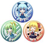  aqua_eyes ascot blonde_hair blue_dress blue_eyes blue_hair character_name chibi cirno closed_eyes daiyousei dress fairy_wings green_hair grin hair_ribbon hands_on_hips ice ice_wings konatsu_hisagi multiple_girls open_mouth outstretched_arms ribbon rumia side_ponytail smile touhou wings 