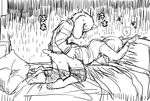  anthro asriel_dreemurr bed caprine chara_(undertale) child cub cute female from_behind_(disambiguation) fur goat human human_on_anthro interspecies japanese_text kneeling male male/female mammal pants_pull semi sex text undertale video_games white_fur young 