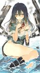  arm_support ass black_eyes black_footwear black_gloves black_hair blush boots breasts bruise burnt_clothes chikuma_(kantai_collection) commentary_request elbow_gloves gloves hair_between_eyes hand_on_own_chest injury kantai_collection large_breasts long_hair looking_at_viewer machinery open_mouth partially_submerged pelvic_curtain puffy_short_sleeves puffy_sleeves remodel_(kantai_collection) rigging shimeji_(4_me_ji) short_sleeves side_slit single_glove single_thighhigh sitting solo thighhighs thighs torn_boots torn_clothes water 