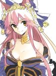  1girl animal_ears bare_shoulders breasts brown_eyes caster_(fate/extra) choker cleavage fate/extra fate/grand_order fate_(series) hair_ornament japanese_clothes kimono long_hair pink_hair smile 
