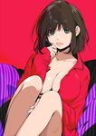  breasts brown_hair cleavage closed_mouth collared_shirt commentary_request green_eyes kawai_makoto large_breasts light_frown long_sleeves looking_at_viewer naked_shirt open_clothes open_shirt pink_lips shiny shiny_hair shirt short_hair signature sitting solo unbuttoned 