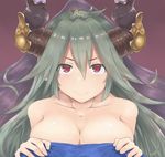  bangs breasts closed_mouth collarbone covering granblue_fantasy green_hair highres horns large_breasts nude_cover red_eyes reisu_(jjkxb227) thalatha_(granblue_fantasy) towel 