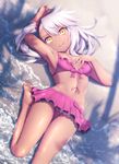  :q armpits bangs bare_legs barefoot beach bikini bikini_skirt blush breasts chloe_von_einzbern collarbone commentary_request dark_skin day eyebrows_visible_through_hair fate/kaleid_liner_prisma_illya fate_(series) frilled_bikini frills from_above hair_between_eyes haribote_(tarao) long_hair looking_at_viewer lying navel ocean on_back outdoors pink_bikini revision sand silver_hair small_breasts smile solo stomach_tattoo swimsuit tattoo tongue tongue_out water wet yellow_eyes 