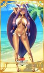  absurdly_long_hair arm_up armpits bad_id bad_pixiv_id beach blush breasts dark_skin day fate/grand_order fate_(series) highres long_hair looking_at_viewer low-tied_long_hair medium_breasts nitocris_(fate/grand_order) palm_tree purple_eyes purple_hair raised_eyebrows swimsuit thighs tree very_long_hair zukky 