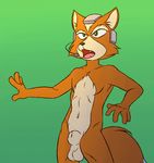  animal_genitalia anthro balls canine flat_colors fox fox_mccloud fully_sheathed headphones headset hi_res ladysomnambule male mammal navel nintendo nude open_mouth sheath simple_background slim solo standing star_fox video_games 