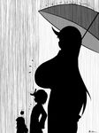  breasts enemy_aircraft_(kantai_collection) flat_chest from_side giantess gigantic_breasts greyscale horn kantai_collection long_hair monochrome multiple_girls northern_ocean_hime raayu_(0u_rayu) rain ryuujou_(kantai_collection) seaport_hime shinkaisei-kan silhouette size_difference twitter_username umbrella visor_cap 