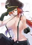  bakuretsu_hunters blue_eyes breasts chocolate_misu garrote gloves hat highres huge_breasts lips lipstick long_hair makeup naked_suspenders navel outside_border peaked_cap purple_lipstick red_hair solo suspenders wo_jianqiang_fu_guo 