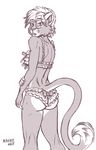  2017 anthro bra breasts butt clothing feline female frilly fur grey_fur hair heartbutt heresy_(artist) lace lingerie lion looking_at_viewer looking_back mammal monochrome panties sasha_(maloo) sketch solo underwear white_hair 