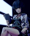  1girl artist_name badge bare_legs belt blue_hair breasts brown_eyes cleavage clipboard collar cowboy_shot holding jewelry labcoat licking_lips long_sleeves looking_at_viewer medium_breasts mikk nail_polish necklace persona persona_5 short_hair sitting solo spiked_collar takemi_tae thighs tongue 