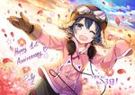  ;d aviator_cap black_hair cloud commentary drill_hair formation_girls gloves goggles goggles_on_headwear headphones headphones_around_neck jacket one_eye_closed open_mouth petals pink_jacket ririkuto short_hair signature sky smile solo sunset takato_matsuri 