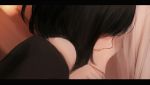 2girls bangs bare_shoulders black_hair black_shirt blurry blurry_background depth_of_field facing_away hand_on_another&#039;s_shoulder letterboxed long_hair multiple_girls off-shoulder_shirt off_shoulder original shimmer shirt white_hair yuri 