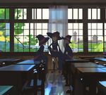  belt boots brown_hair building chair classroom commentary curtains desk dress hat indoors kagari_atsuko little_witch_academia long_hair long_sleeves lotte_jansson multiple_girls pink_hair reflection reflective_floor school school_desk school_uniform sitting smile snatti sucy_manbavaran table tree window witch witch_hat 