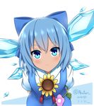  :3 akatori_(redbird) arms_behind_back bent_over blue_eyes blue_hair cirno dated flower hair_ribbon highres plant ribbon smile solo sunflower tan tanned_cirno touhou twitter_username vines 