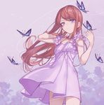  aikatsu! aikatsu!_(series) bangs breasts brown_hair bug butterfly closed_mouth cowboy_shot dress hair_tucking highres insect long_hair looking_at_viewer purple_dress purple_eyes shibuki_ran small_breasts solo strap_slip swept_bangs wattaro 