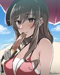  bangs beach bikini black_gloves blush breasts brown_eyes brown_hair cleavage closed_mouth cloud cloudy_sky day fan girls_und_panzer gloves holding holding_fan large_breasts long_hair looking_at_viewer mature outdoors paper_fan pink_bikini shimada_chiyo sky smile solo swimsuit twitter_username umbrella upper_body yusukesan 