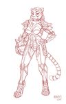  2017 4_toes 5_fingers anthro armor bodysuit breasts clothing digitigrade ear_piercing feline female full_body helmet heresy_(artist) kilrathi mammal monochrome pauldron piercing sketch skinsuit tight_clothing toes video_games wing_commander 