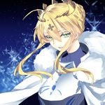  1girl ahoge armor artoria_pendragon_lancer_(fate/grand_order) blonde_hair cape crown fate/grand_order fate_(series) fur green_eyes hair_ornament open_mouth saber 