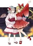  :d alternate_costume bangs bat_wings blonde_hair blunt_bangs bow closed_mouth commentary_request fang fang_out flandre_scarlet flower hair_bow hair_flower hair_ornament high_heels highres japanese_clothes kimono lolita_fashion long_hair long_sleeves looking_at_viewer mimoto_(aszxdfcv) multiple_girls open_mouth pink_kimono pointy_ears red_bow red_eyes red_flower red_footwear red_kimono red_rose remilia_scarlet rose sandals sash shoes silver_hair smile socks standing standing_on_one_leg touhou wa_lolita white_legwear wide_sleeves wings yukata 