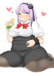  1girl :q black_legwear blouse blue_eyes blush bow breasts dagashi_kashi eating female fusa_(starless2323) hair_flower hair_ornament headband large_breasts pantyhose plump purple_hair rose shidare_hotaru short_hair short_sleeved_shirt short_sleeves simple_background sitting skirt solo wariza white_background white_shirt 