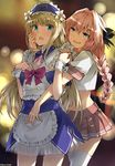  1other androgynous astolfo_(fate) blonde_hair blue_eyes blurry blush bokeh braid chevalier_d'eon_(fate/grand_order) depth_of_field fang fate/apocrypha fate/grand_order fate_(series) hair_ribbon long_hair maid maid_headdress navel open_mouth otoko_no_ko pantyhose pink_hair purple_eyes ribbon single_braid smile somechime_(sometime1209) thighhighs 
