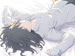  arms_up bangs bed_sheet black_hair commentary_request dress_shirt grey_eyes long_hair long_sleeves looking_at_viewer lying on_back original parted_lips partial_commentary ryuga_(balius) shirt sleeves_past_wrists solo white_shirt 
