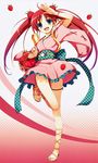  absurdres bangs basket blue_eyes blush eyebrows_visible_through_hair food frills fruit full_body hair_ornament highres japanese_clothes leg_up looking_at_viewer obi open_mouth open_toe_shoes pink_hair polka_dot sandals sash scan shoes simple_background smile solo tomose_shunsaku wide_sleeves 