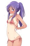  adjusting_clothes adjusting_swimsuit armpits arms_behind_back bangs bikini blush breasts cameltoe collarbone commentary cowboy_shot embarrassed eyebrows_visible_through_hair flying_sweatdrops full-face_blush hinata_yukari long_hair looking_at_viewer mel_(melty_pot) navel one-piece_tan open_mouth ponytail purple_eyes purple_hair red_bikini side-tie_bikini sidelocks simple_background small_breasts solo standing stomach sweat swimsuit tan tanline untied untied_bikini white_background yuyushiki 