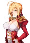  =3 absurdres ahoge amamitsu_kousuke blonde_hair breasts cleavage dress epaulettes fate/extra fate_(series) gold_trim green_eyes hair_ribbon highres juliet_sleeves large_breasts long_hair long_sleeves looking_at_viewer nero_claudius_(fate) nero_claudius_(fate)_(all) one_eye_closed puffy_sleeves red_dress red_ribbon ribbon simple_background smug solo upper_body white_background 