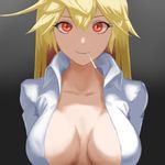  bangs blonde_hair breasts breasts_apart candy center_opening closed_mouth commentary flasso food grey_background guilty_gear hair_between_eyes jack-o'_valentine large_breasts lollipop long_hair looking_at_viewer multicolored_hair no_bra red_eyes red_hair simple_background smile solo two-tone_hair upper_body 