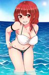  adjusting_clothes adjusting_swimsuit alternate_costume arm_strap bandeau bangs bare_arms bare_shoulders bikini blue_sky blush breasts cleavage cloud day feet_out_of_frame green_bikini_bottom grin hair_between_eyes highres hips horikawa_raiko horizon kaisenpurin knees_together_feet_apart large_breasts leaf_print leaning_forward looking_at_viewer navel red_eyes red_hair reflective_eyes shiny shiny_hair shiny_skin short_hair sidelocks sideways_glance sky smile solo stomach sun sunlight swimsuit thighs touhou wading water wet white_bikini_top 
