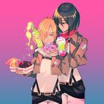  annie_leonhardt belt black_eyes black_hair blonde_hair blue_eyes bottle cup doughnut drinking drinking_straw eating emblem food highres huge_pippy jacket long_sleeves mikasa_ackerman military_police_brigade_(emblem) multiple_girls paradis_military_uniform red_scarf scarf shingeki_no_kyojin short_hair survey_corps_(emblem) uniform 