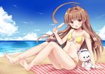  :d ahoge bare_arms bare_legs bare_shoulders barefoot beach bikini brown_eyes brown_hair collarbone day eyebrows_visible_through_hair fang food highres holding holding_food kantai_collection kuma_(kantai_collection) long_hair masayo_(gin_no_ame) ocean open_mouth popsicle revision sitting smile solo stuffed_animal stuffed_toy swimsuit teddy_bear toes yellow_bikini 