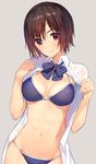  bikini bikini_under_clothes blue_bikini bow bowtie breasts brown_hair closed_mouth dress_shirt eyebrows_visible_through_hair grey_background looking_at_viewer matarou_(genkai_toppa) medium_breasts navel open_clothes open_shirt original red_eyes school_uniform shirt short_hair simple_background smile solo string_bikini striped striped_bow striped_neckwear swimsuit white_shirt 