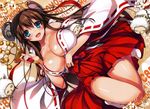  absurdres bangs bell blue_eyes blush breasts brown_hair cleavage collarbone eyebrows_visible_through_hair flower hakama highres holding horns huge_filesize japanese_clothes jingle_bell kagura_suzu large_breasts long_hair looking_at_viewer lying miko on_back open_mouth red_hakama ribbon-trimmed_sleeves ribbon_trim scan sheep sheep_horns smile solo tomose_shunsaku wide_sleeves 