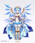  angel armor artist_name blue_eyes blush breasts cleavage company_name copyright eyebrows_visible_through_hair highres large_breasts long_hair looking_at_viewer official_art parted_lips rosuuri simple_background smile solo twin_saga white_background wings yellow_eyes 