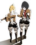  annie_leonhardt belt black_eyes black_hair blonde_hair blue_eyes emblem jacket long_sleeves mikasa_ackerman multiple_girls paradis_military_uniform red_scarf scarf shingeki_no_kyojin short_hair syokuuuuuuuuumura thigh_strap training_corps_(emblem) uniform white_background 