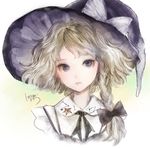  alternate_hairstyle black_bow black_hat blonde_hair blue_eyes bow braid closed_mouth commentary_request expressionless hair_bow hat hat_bow kirisame_marisa lips long_hair portrait short_hair side_braid solo touhou viridiflora white_bow witch_hat 